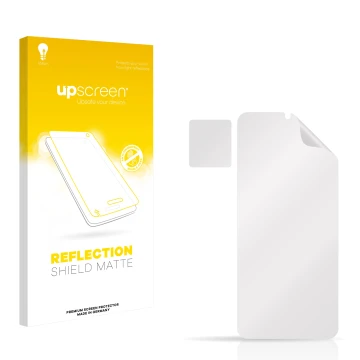 Vorderseite einer Produktverpackung mit dem Markenlogo upscreen. Daneben ist der zugehörige Displayschutz.