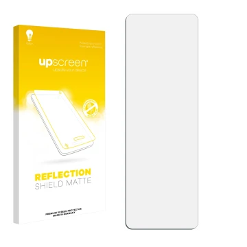 Vorderseite einer Produktverpackung mit dem Markenlogo upscreen. Daneben ist der zugehörige Displayschutz.