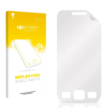 Vorderseite einer Produktverpackung mit dem Markenlogo upscreen. Daneben ist der zugehörige Displayschutz.