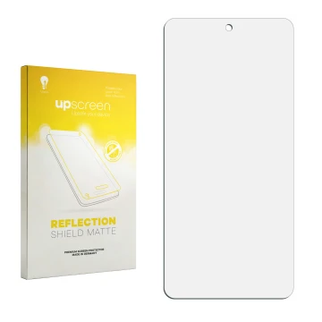 Vorderseite einer Produktverpackung mit dem Markenlogo upscreen. Daneben ist der zugehörige Displayschutz.