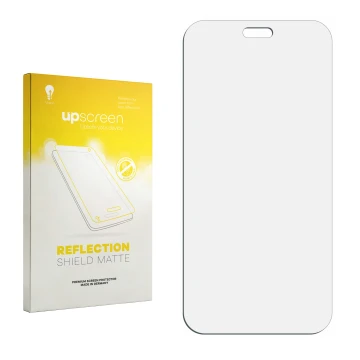 Vorderseite einer Produktverpackung mit dem Markenlogo upscreen. Daneben ist der zugehörige Displayschutz.