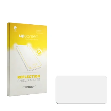 Vorderseite einer Produktverpackung mit dem Markenlogo upscreen. Daneben ist der zugehörige Displayschutz.