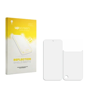 Vorderseite einer Produktverpackung mit dem Markenlogo upscreen. Daneben ist der zugehörige Displayschutz.