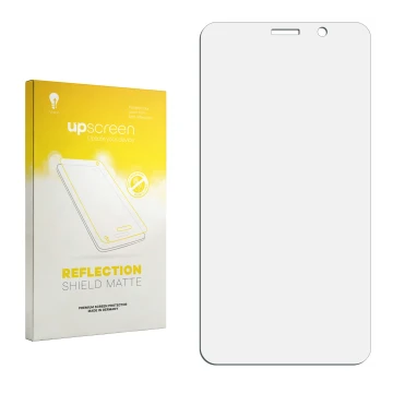 Vorderseite einer Produktverpackung mit dem Markenlogo upscreen. Daneben ist der zugehörige Displayschutz.