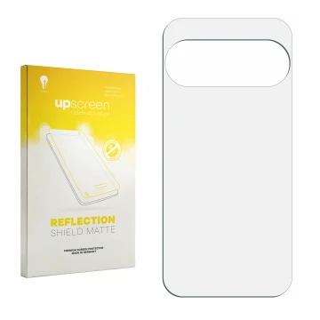 Vorderseite einer Produktverpackung mit dem Markenlogo upscreen. Daneben ist der zugehörige Displayschutz.