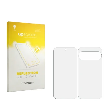 Vorderseite einer Produktverpackung mit dem Markenlogo upscreen. Daneben ist der zugehörige Displayschutz.