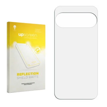 Vorderseite einer Produktverpackung mit dem Markenlogo upscreen. Daneben ist der zugehörige Displayschutz.