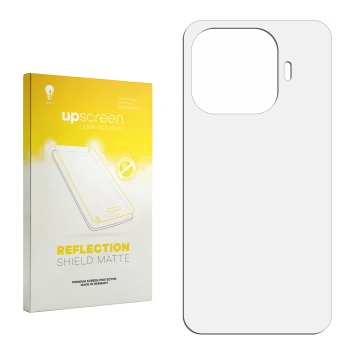 Vorderseite einer Produktverpackung mit dem Markenlogo upscreen. Daneben ist der zugehörige Displayschutz.