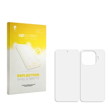 Vorderseite einer Produktverpackung mit dem Markenlogo upscreen. Daneben ist der zugehörige Displayschutz.