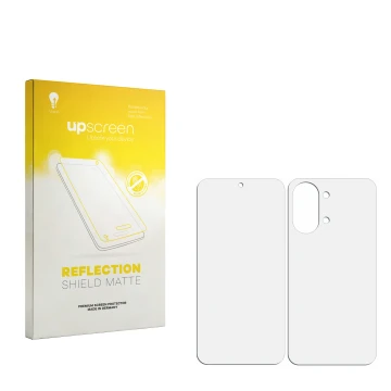 Vorderseite einer Produktverpackung mit dem Markenlogo upscreen. Daneben ist der zugehörige Displayschutz.