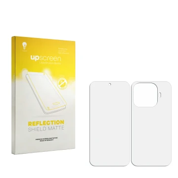 Vorderseite einer Produktverpackung mit dem Markenlogo upscreen. Daneben ist der zugehörige Displayschutz.