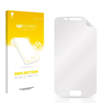 Vorderseite einer Produktverpackung mit dem Markenlogo upscreen. Daneben ist der zugehörige Displayschutz.