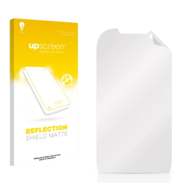 Vorderseite einer Produktverpackung mit dem Markenlogo upscreen. Daneben ist der zugehörige Displayschutz.