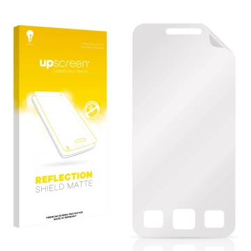 Vorderseite einer Produktverpackung mit dem Markenlogo upscreen. Daneben ist der zugehörige Displayschutz.