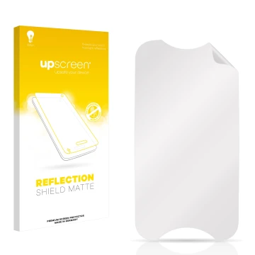 Vorderseite einer Produktverpackung mit dem Markenlogo upscreen. Daneben ist der zugehörige Displayschutz.