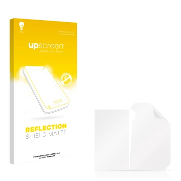 Vorderseite einer Produktverpackung mit dem Markenlogo upscreen. Daneben ist der zugehörige Displayschutz.