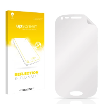 Vorderseite einer Produktverpackung mit dem Markenlogo upscreen. Daneben ist der zugehörige Displayschutz.