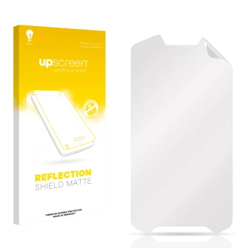 Vorderseite einer Produktverpackung mit dem Markenlogo upscreen. Daneben ist der zugehörige Displayschutz.