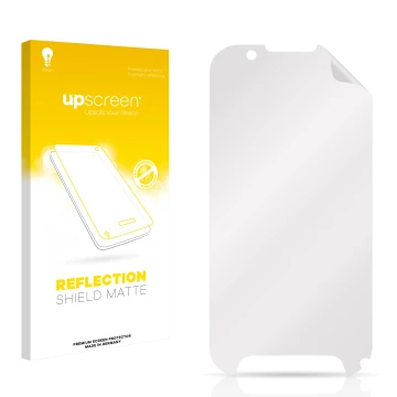 Vorderseite einer Produktverpackung mit dem Markenlogo upscreen. Daneben ist der zugehörige Displayschutz.