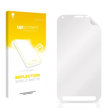 Vorderseite einer Produktverpackung mit dem Markenlogo upscreen. Daneben ist der zugehörige Displayschutz.