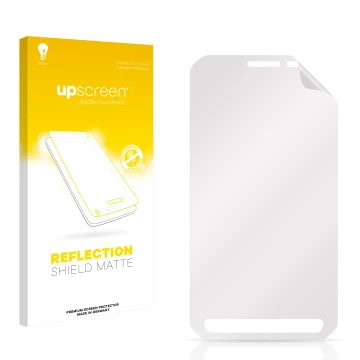 Vorderseite einer Produktverpackung mit dem Markenlogo upscreen. Daneben ist der zugehörige Displayschutz.