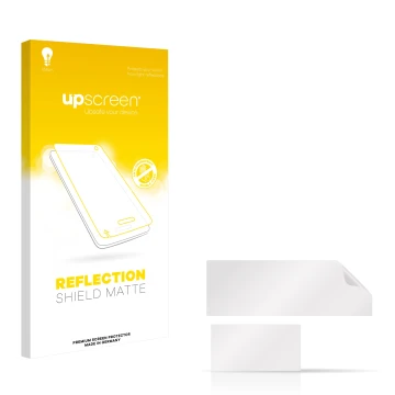 Vorderseite einer Produktverpackung mit dem Markenlogo upscreen. Daneben ist der zugehörige Displayschutz.