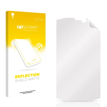 Vorderseite einer Produktverpackung mit dem Markenlogo upscreen. Daneben ist der zugehörige Displayschutz.