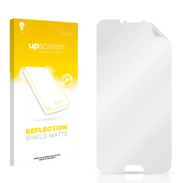 Vorderseite einer Produktverpackung mit dem Markenlogo upscreen. Daneben ist der zugehörige Displayschutz.