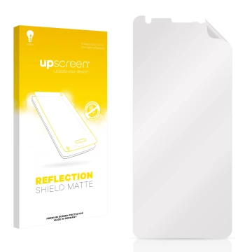 Vorderseite einer Produktverpackung mit dem Markenlogo upscreen. Daneben ist der zugehörige Displayschutz.