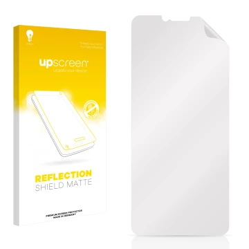Vorderseite einer Produktverpackung mit dem Markenlogo upscreen. Daneben ist der zugehörige Displayschutz.
