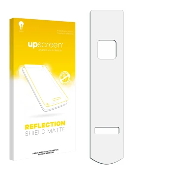 Vorderseite einer Produktverpackung mit dem Markenlogo upscreen. Daneben ist der zugehörige Displayschutz.