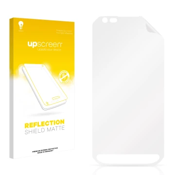 Vorderseite einer Produktverpackung mit dem Markenlogo upscreen. Daneben ist der zugehörige Displayschutz.