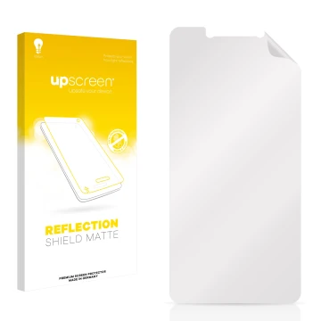 Vorderseite einer Produktverpackung mit dem Markenlogo upscreen. Daneben ist der zugehörige Displayschutz.