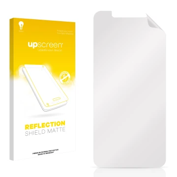 Vorderseite einer Produktverpackung mit dem Markenlogo upscreen. Daneben ist der zugehörige Displayschutz.