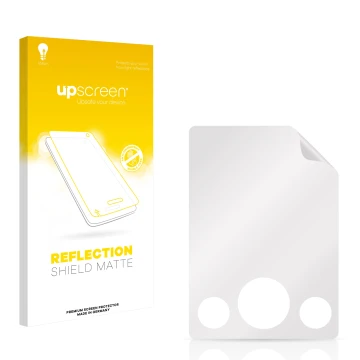 Vorderseite einer Produktverpackung mit dem Markenlogo upscreen. Daneben ist der zugehörige Displayschutz.