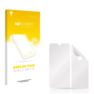 Vorderseite einer Produktverpackung mit dem Markenlogo upscreen. Daneben ist der zugehörige Displayschutz.