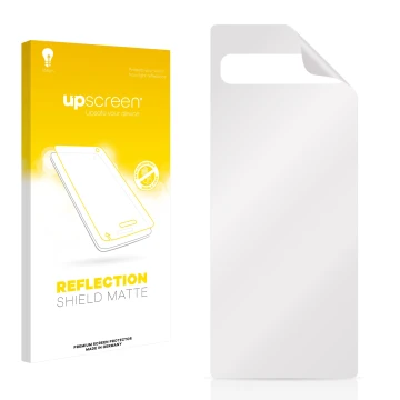 Vorderseite einer Produktverpackung mit dem Markenlogo upscreen. Daneben ist der zugehörige Displayschutz.