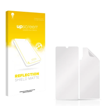 Vorderseite einer Produktverpackung mit dem Markenlogo upscreen. Daneben ist der zugehörige Displayschutz.