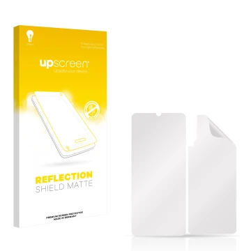Vorderseite einer Produktverpackung mit dem Markenlogo upscreen. Daneben ist der zugehörige Displayschutz.