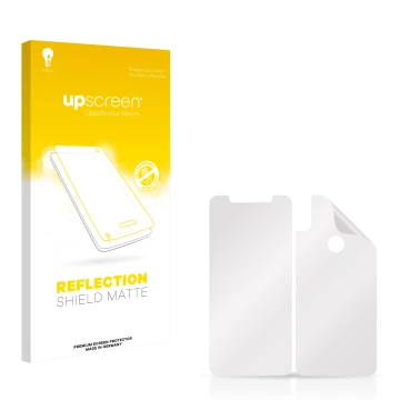 Vorderseite einer Produktverpackung mit dem Markenlogo upscreen. Daneben ist der zugehörige Displayschutz.