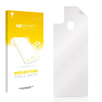 Vorderseite einer Produktverpackung mit dem Markenlogo upscreen. Daneben ist der zugehörige Displayschutz.