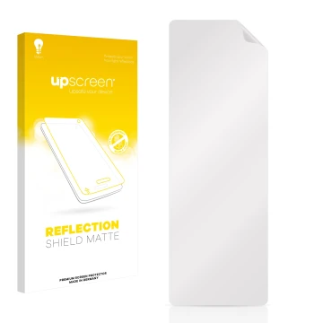 Vorderseite einer Produktverpackung mit dem Markenlogo upscreen. Daneben ist der zugehörige Displayschutz.