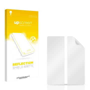Vorderseite einer Produktverpackung mit dem Markenlogo upscreen. Daneben ist der zugehörige Displayschutz.
