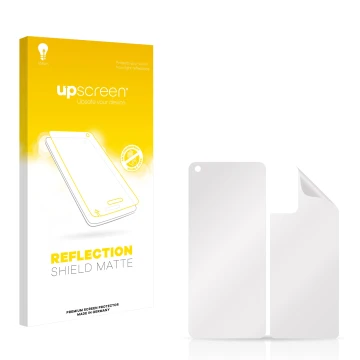 Vorderseite einer Produktverpackung mit dem Markenlogo upscreen. Daneben ist der zugehörige Displayschutz.