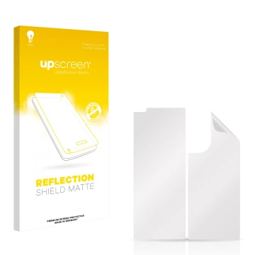 Vorderseite einer Produktverpackung mit dem Markenlogo upscreen. Daneben ist der zugehörige Displayschutz.
