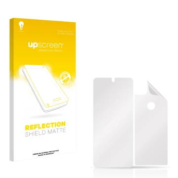 Vorderseite einer Produktverpackung mit dem Markenlogo upscreen. Daneben ist der zugehörige Displayschutz.