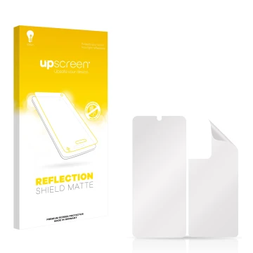 Vorderseite einer Produktverpackung mit dem Markenlogo upscreen. Daneben ist der zugehörige Displayschutz.