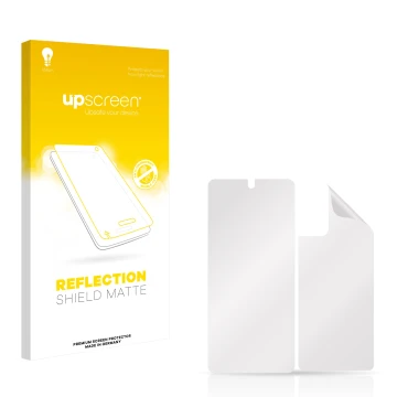 Vorderseite einer Produktverpackung mit dem Markenlogo upscreen. Daneben ist der zugehörige Displayschutz.