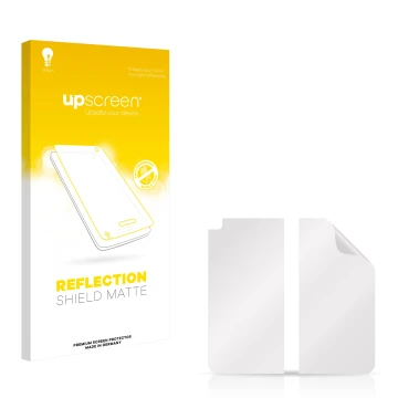 Vorderseite einer Produktverpackung mit dem Markenlogo upscreen. Daneben ist der zugehörige Displayschutz.