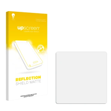 Vorderseite einer Produktverpackung mit dem Markenlogo upscreen. Daneben ist der zugehörige Displayschutz.